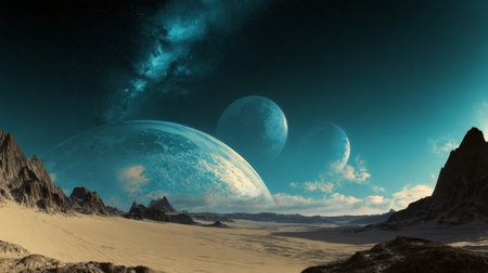Alien desert landscape with planets and rock spires.Generative AIの素材