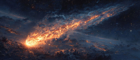 Gigantic fiery meteor crashes into Earth, creating a blazing explosion with smoke and fire, symbolizing catastrophic cosmic destruction .Generative AIの素材