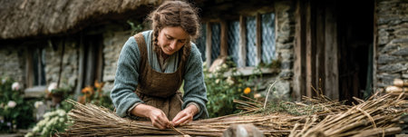 Woman Weaving Straw Outdoors by Rustic Cottage .Generative AIの素材