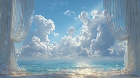 Surreal ocean view with dramatic clouds and calm waters framed by soft white curtains creating a calming atmosphere .Generative AIの素材
