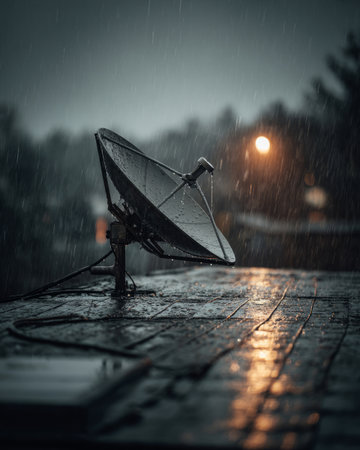 Satellite Dish on Rooftop During Heavy Rain .Generative AIの素材