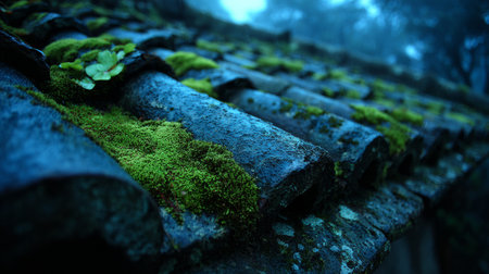 Old Roof Tiles Covered with Green Moss in Rain .Generative AIの素材