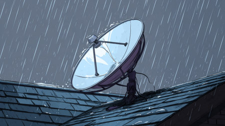 Satellite Dish on Rooftop During Heavy Rain .Generative AIの素材