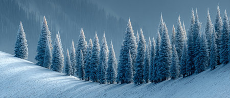 Snow covered pine forest in winter mountains .Generative AIの素材