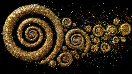 Golden Glitter Spiral Pattern on Black Background .Generative AIの素材