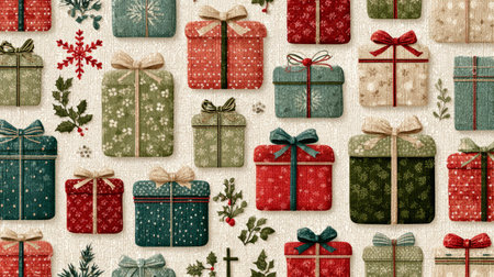 Vintage Textured Christmas Gift Boxes Seamless Pattern .Generative AIの素材