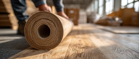 Worker Installing Wooden Vinyl Flooring Roll .Generative AIの素材
