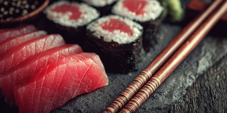 Tuna sashimi with soy sauce and chopsticks .Generative AIの素材