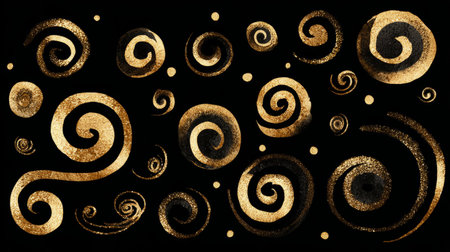 Golden Glitter Spiral Pattern on Black Background .Generative AIの素材