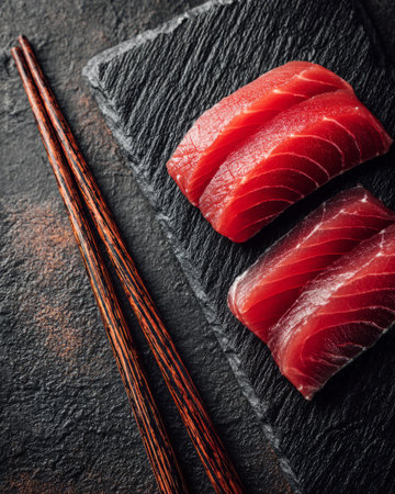 Tuna sashimi with soy sauce and chopsticks .Generative AIの素材