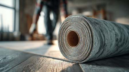 Worker Installing Wooden Vinyl Flooring Roll .Generative AIの素材
