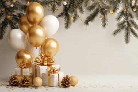 Elegant Christmas or celebration setup featuring gold and cream balloons, wrapped presents, and pine branches in a minimal background.の素材
