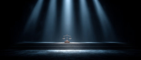 justice scales standing alone on a pedestal, illuminated by intense spotlights in a dark .Generative AIの素材