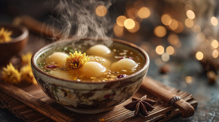 Spicy tangyuan in herbal broth, a traditional Chinese dish .Generative AIの素材