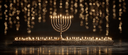 Hanukkah Menorah with Glowing Candles and Warm Bokeh Lights .Generative AIの素材