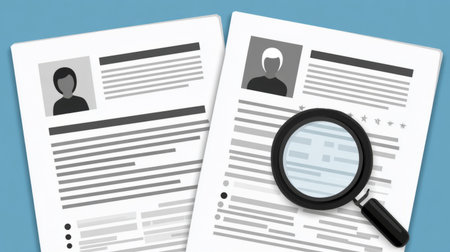 two resumes being analyzed with a magnifying glass, symbolizing recruitment, job search, and candidate evaluation .Generative AIの素材