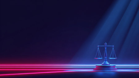 justice scales standing alone on a pedestal, illuminated by intense spotlights in a dark .Generative AIの素材