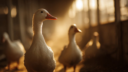 White Ducks Standing Together in Warm Light .Generative AIの素材