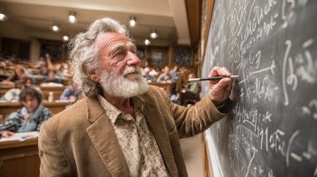 Curly-haired bearded professor writes complex mathematical equations on a blackboard during a university lecture in a crowded classroom.の素材