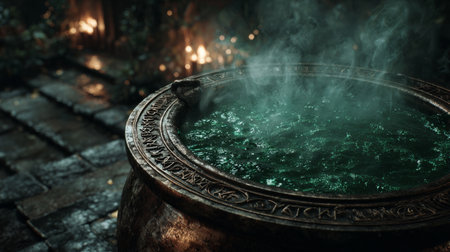 Mystical cauldron with glowing green magical smoke .Generative AIの素材