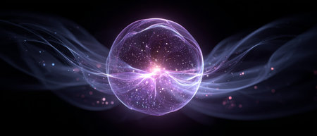 Glowing plasma energy sphere with light trails .Generative AIの素材