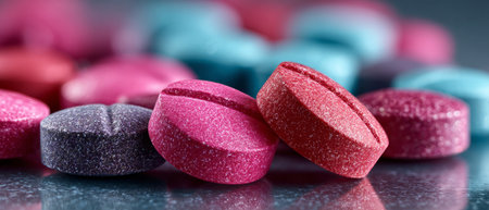 scattered tablets, purple-blue palette, reflection on polished surface .Generative AIの素材