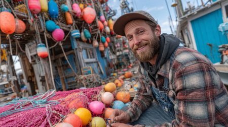 Smiling fisherman repairing colorful nets at harbor .Generative AIの素材