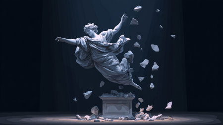 Epic marble sculpture of a classical figure bursts apart into flying stone fragments, illuminated by light and surrounded by dust clouds.の素材