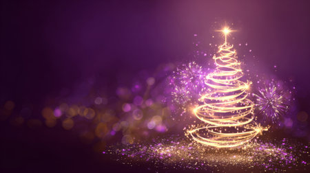 Abstract Christmas tree formed by golden glowing spirals of light with a shining star on top, glowing against a dark purple background.の素材