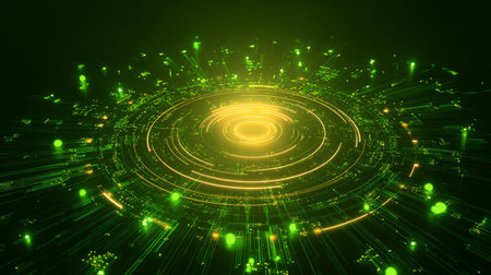 Futuristic glowing circuit rings with golden core .Generative AIの素材