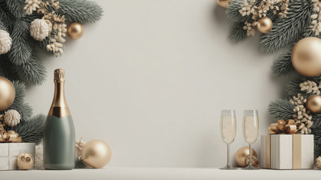 Luxurious holiday background with champagne bottle, flutes, gold balloons, and festive decorations arranged around a blank center space .Generative AIの素材