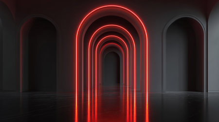 Futuristic red tunnel with glowing neon arches .Generative AIの素材