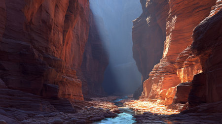 Sunlight illuminating rocky desert canyon path .Generative AIの素材