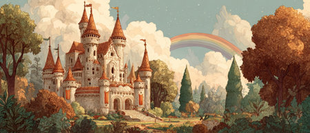 Fantasy Castle with Rainbow at Sunset .Generative AIの素材