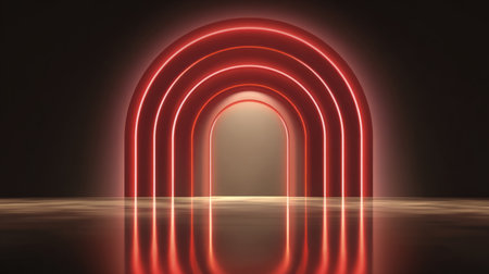Futuristic red tunnel with glowing neon arches .Generative AIの素材