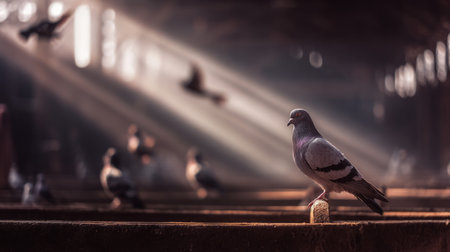 Single pigeon highlighted by soft sunlight inside a dark loft, surrounded by a flock, symbolizing peace, solitude, and urban wildlife.の素材