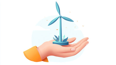 Hands Holding Mini Wind Turbine for Clean Energy .Generative AIの素材