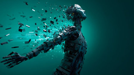 Cybernetic humanoid figure with exposed circuits and wires disintegrates into glowing digital fragments, symbolizing artificial intelligence and technological decay.の素材