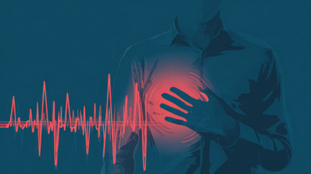Person Experiencing Chest Pain with Heartbeat Graphic .Generative AIの素材