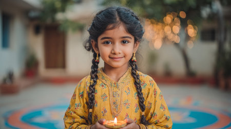 Tamil Girl in Pavadai Sattai with Lamp .Generative AIの素材