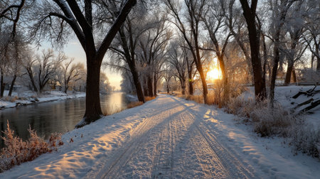 Snowy winter path with sunrise through trees .Generative AIの素材