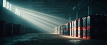 Row of automotive batteries stored in dim warehouse .Generative AIの素材