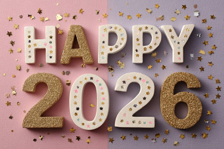 Happy New Year 2026 colorful glitter letters .Generative AIの素材