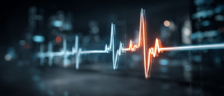 Digital heartbeat pulse waveform in futuristic city .Generative AIの素材