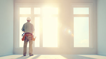 Construction Worker Overlooking Renovation Site at Sunset .Generative AIの素材