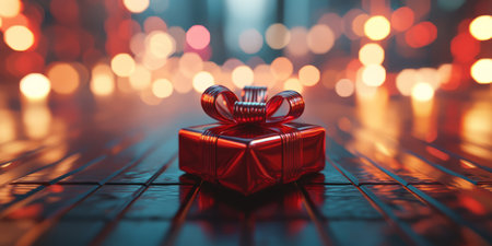 New Year's gift with a bow, positioned in the center of the background. Generative AIの素材