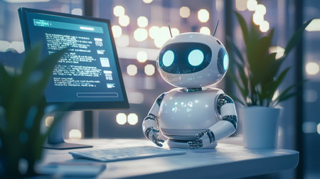 Chatbot assistant providing business coaching on a virtual screen, enhancing interactive learning experiences. Generative AIの素材