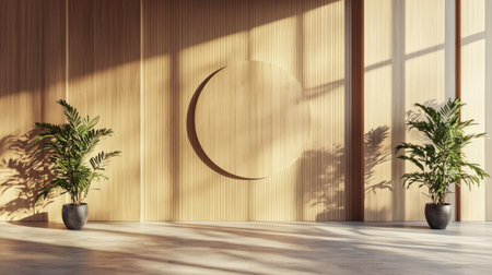 An elegant, minimalist wooden wall with clean light wooden panels that features a blank round sign. Generative AIの素材
