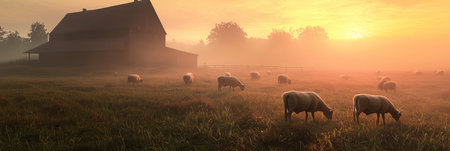 A fog-covered farm scene with sheep grazing on the dewy grass, and a barn faintly visible in the distance. Generative AIの素材