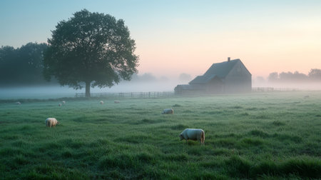 A fog-covered farm scene with sheep grazing on the dewy grass, and a barn faintly visible in the distance. Generative AIの素材